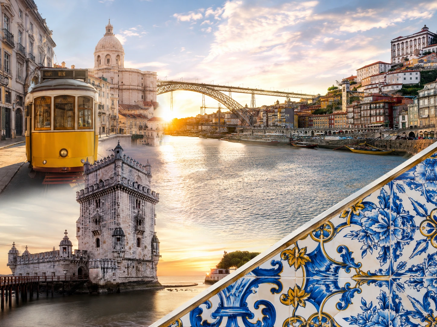 Vista panorâmica de Lisboa e elementos de Portugal